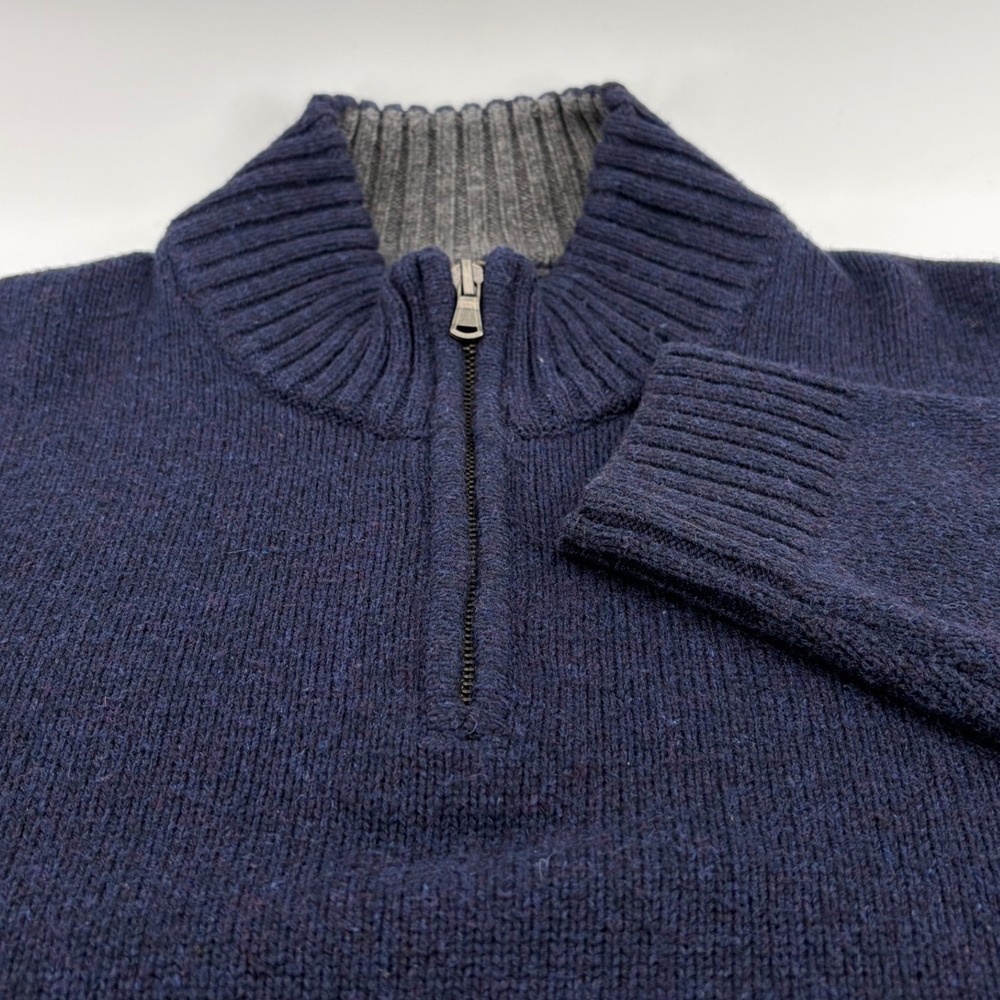 Lands End Men's Quarter Zip Mock Neck Sweater Navy Gray Size L 42-44 Wool Blend